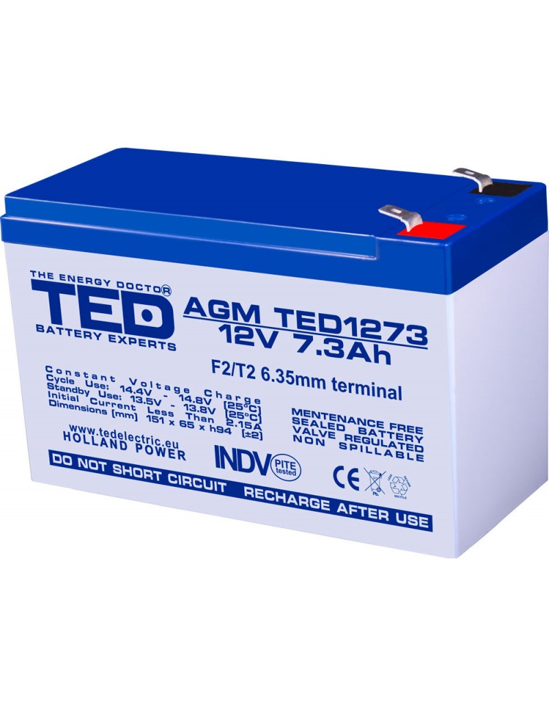 Acumulator stationar 12V 7,3Ah F2 AGM VRLA TED Electric TED1273
