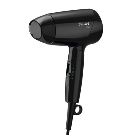 Uscător de păr Philips EssentialCare BHC010/10, 1200 W, Mâner pliant, 3 setări, Aer rece, Concentrator, Negru