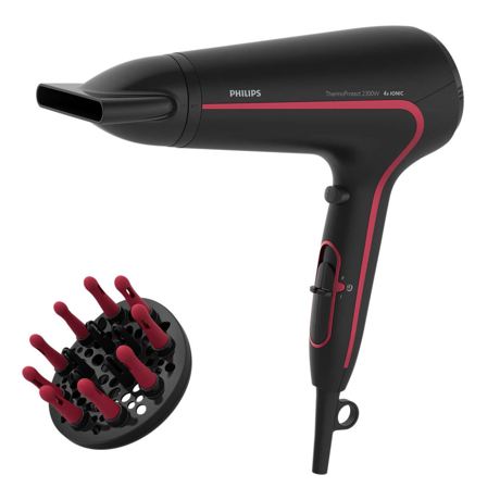 Uscator de par Philips HP8238/00, 2300 W, Setare ThermoProtect, Tehnologie cu ioni, Difuzor, Concentrator, Jet aer rece, Negru/Roz inchis