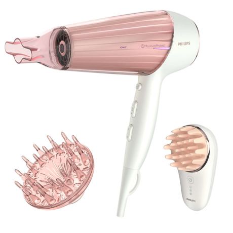 Uscător de păr Philips DryCare Prestige HP8283/00, 2300 W, Tehnologie MoistureProtect, Îngrijire cu ioni, ThermoProtect, 6 setări de viteză/căldură, Jet de aer rece, Difuzor, Concentrator, Aparat masaj scalp, Alb perlat/Roz auriu