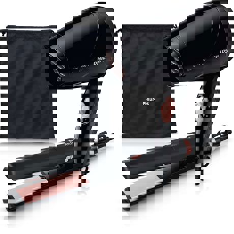 Set Philips Travel Set HP8644/40, Mini uscator de par 1400W, Placa de par 200°C, Husa