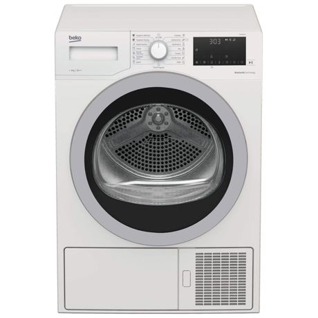 Uscator de rufe Beko DS8439TX, Cu pompa de caldura, 8 kg, 15 programe, Iluminare interioara, Child Lock, Display, Alb