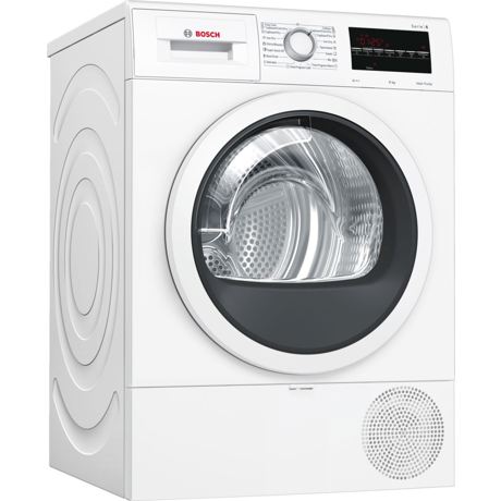 Uscător de rufe cu condensare si pompă de căldură Bosch WTR87TW0BY, 8 kg, AutoDry Technology, Afişaj LED, Buton rotativ/Taste touchControl, Protecţie împotriva accesului copiilor, Alb						