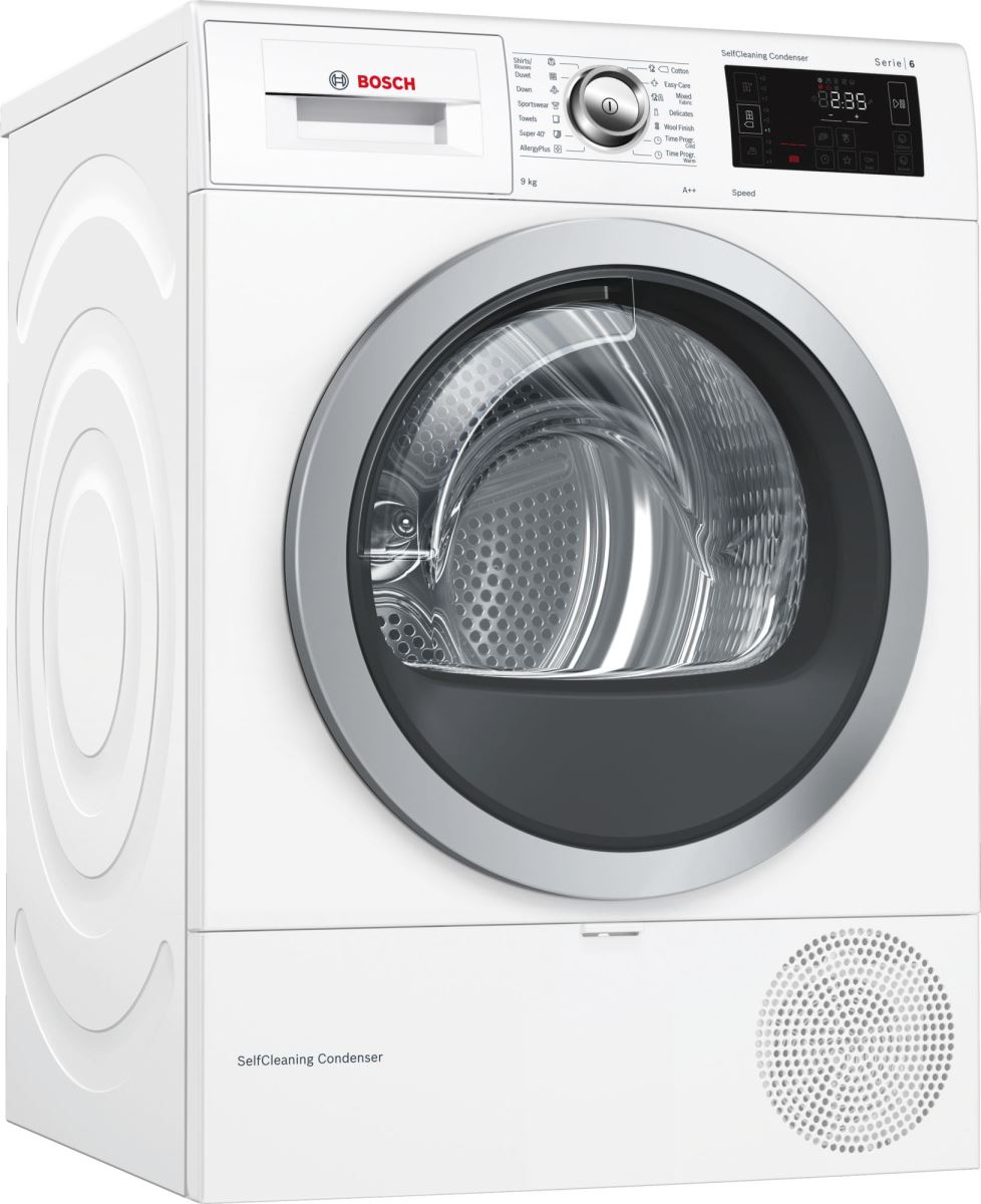 Uscator de rufe Bosch WTW8761BY, Pompa de caldura, 9 Kg, SelfCleaning Condenser, Full touch LED Display, Alb