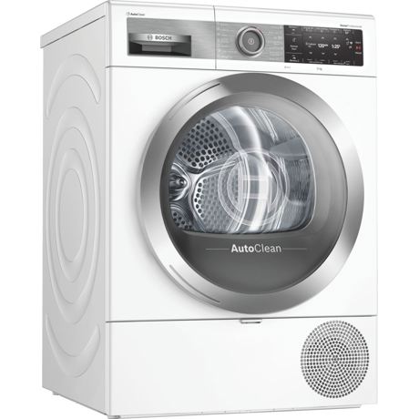 Uscător de rufe cu condensare si pompa de caldura Bosch WTX87EH0EU, 9 kg, Smart Dry, Home Connect, Display TFT, Iluminare interioară LED, Alb