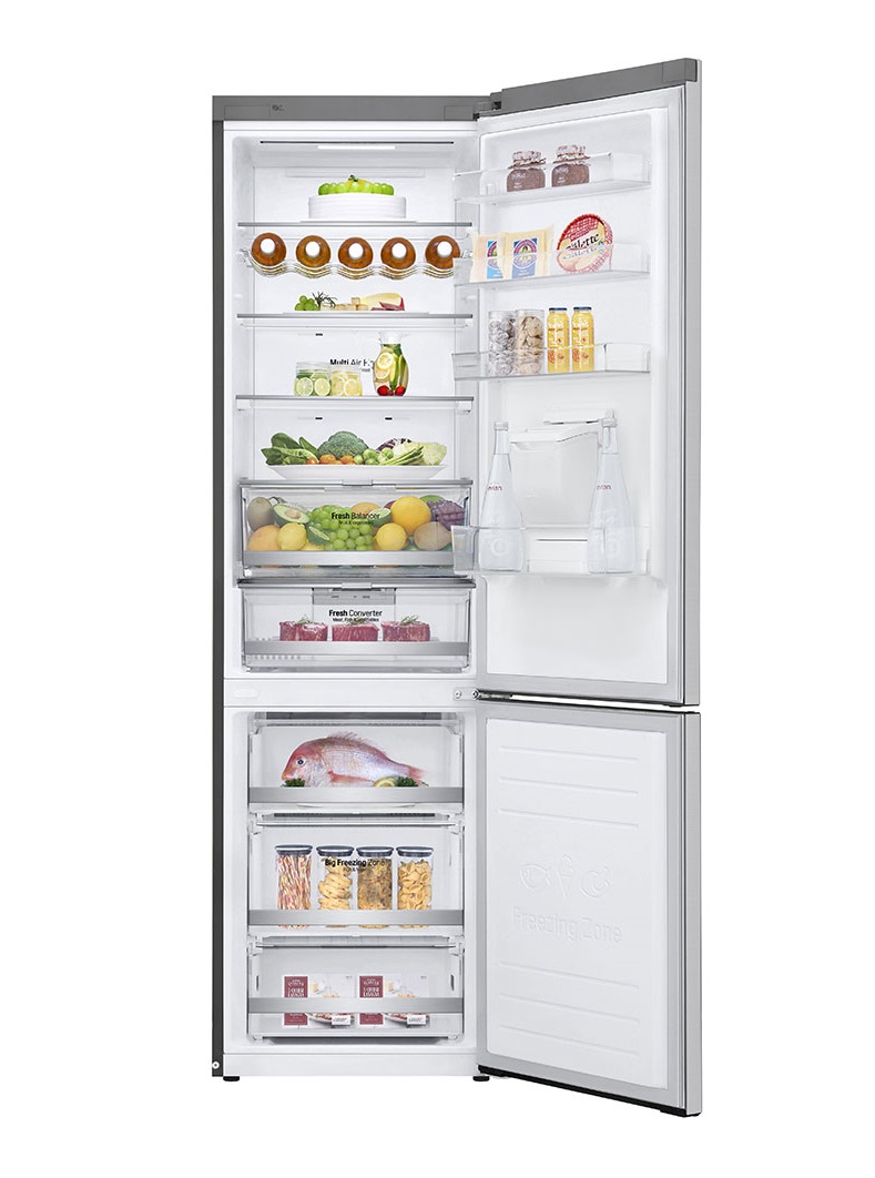 Combina frigorifica LG GBF72NSDZN, Total No Frost, 380 L, Display LED, Dozator de apă, Wi-Fi, Suport sticle, H 203 cm, Noble Steel