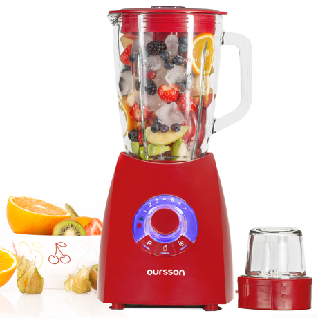 Blender de masa Oursson BL0642G/DC, 600 W, Vas de sticla 2 l, Shake 22000 rpm, Rasnita, 7 viteze, Visiniu