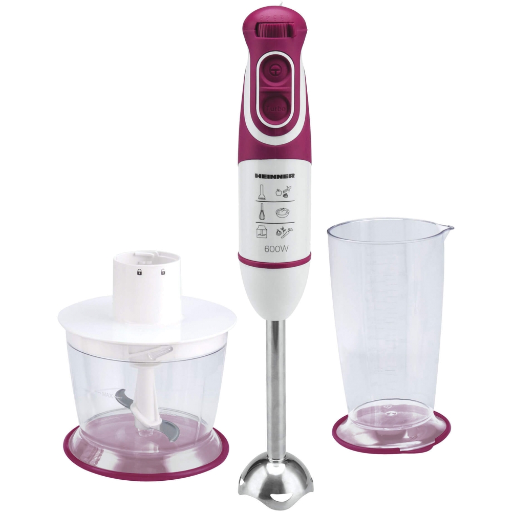 Blender de mana Heinner Charm HB-600BG, 600 W, 5 viteze, Turbo, Mini-tocator, Alb cu visiniu