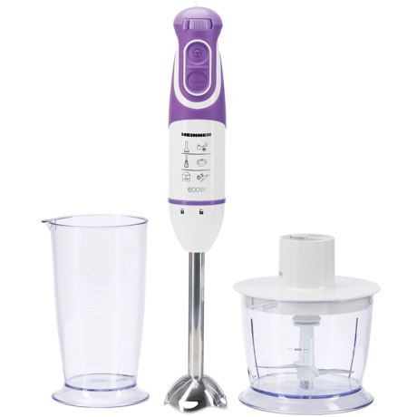 Blender de mana Heinner Ultraviolet HB-600UV, 600 W, 5 viteze, Turbo, Mini-tocator, Tel, Alb/violet