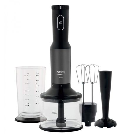 Set blender de mana Beko HBA7753DX, 750 W, Viteza variabila+Turbo, Pahar gradat 1 L, Mini-tocator 0.5 L, Tel dublu, Accesoriu pentru piure, Design Dark Inox