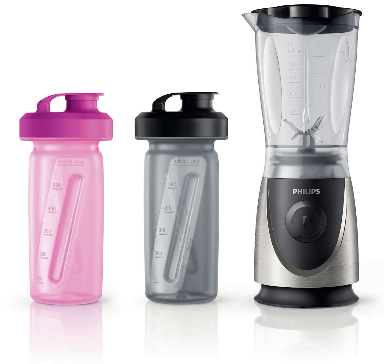 Mini blender Philips HR2875/00, 350 W, Recipiente 2x 0.6 L, Negru/Gri, Roz