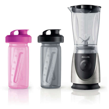Mini blender Philips HR2875/00, 350 W, Recipiente 2x 0.6 L, Negru/Gri, Roz