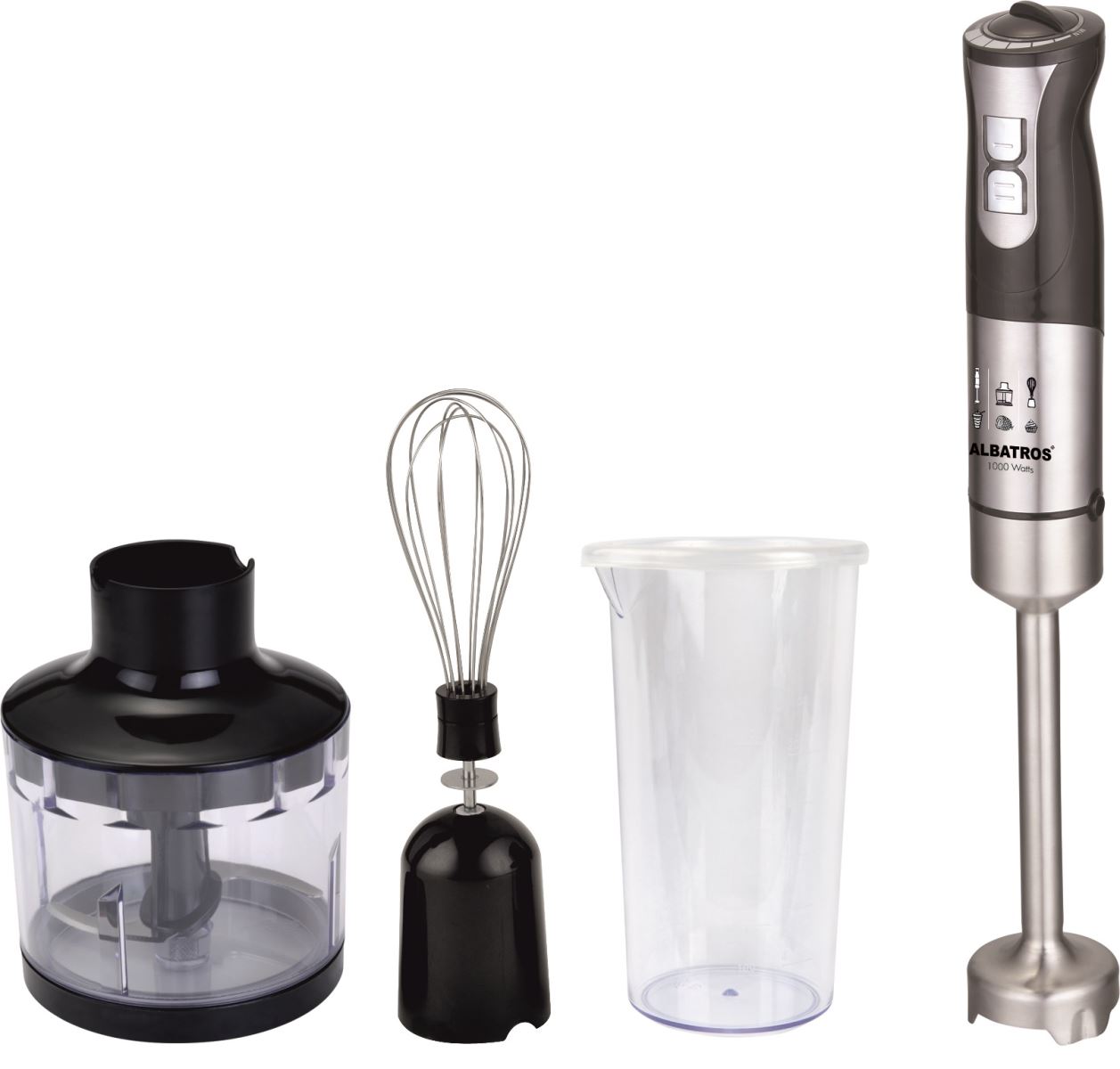 Multiblender Albatros MB1020A, 1000 W, 2 viteze, Tocător 0.4 L, Pahar 0.6 L, Tel, Ax inox, Negru/Inox