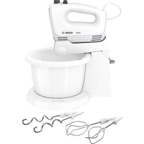 Mixer cu bol Bosch CleverMixx MFQ2600X, 400 W, 4 viteze+Turbo, Accesorii frământare, Accesorii mixare, Vas plastic, Alb/Gri inchis