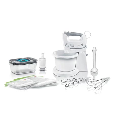 Mixer cu bol Bosch MFQ364V6, 450 W, Bol 3 L, 5 viteze+ Funcție Turbo, Accesorii vidare, Picior blender, Alb