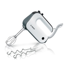 Mixer de mână Bosch MFQ49300, 850 W, 5 viteze+ Funcție Turbo, 2 teluri FineCreamer, 2 spirale din inox pentru frământat, Alb/argintiu inchis