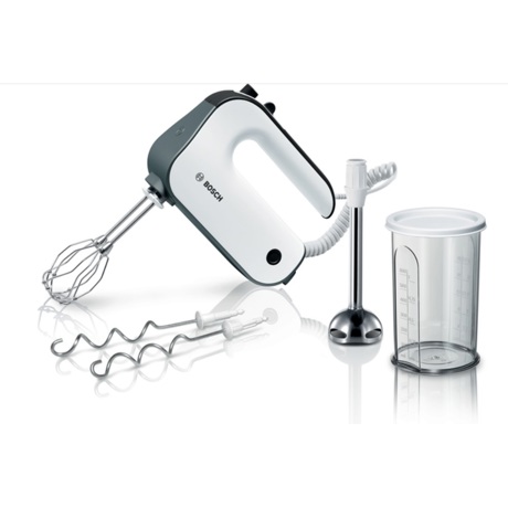 Mixer de mână Bosch MFQ49700, 850 W, 5 viteze+ Funcție Turbo, Picior mixare, Pahar mixare, Alb/argintiu inchis