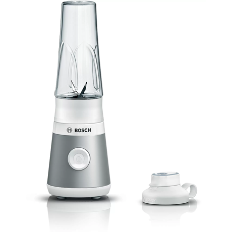 Blender de masa Bosch VitaPower Serie 2 MMB2111T, 450 W, Sticla ToGo din Tritan, 0.65 L, Cutit ProEdge, 1 viteza, Argintiu/alb