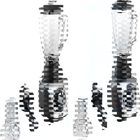 Blender de masa Bosch SilentMixx MMB64G6M, 800 W, Vas sticlă ThermoSafe 2.3 L, Spatulă, Minitocator, 3 programe automate pentru sfărâmare gheață, reglare continuă a vitezei cu indicator LED și funcție Pulse, Negru/Argintiu