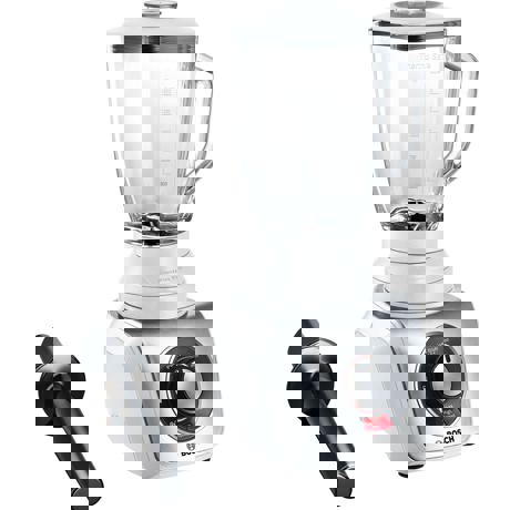 Blender de masa Bosch SilentMixx MMB66G5M, 900 W, Vas sticlă ThermoSafe 2.3 L, Spatulă, Minitocator, 3 programe automate pentru sfărâmare gheață, reglare continuă a vitezei cu indicator LED și funcție Pulse, 20.000 rpm, Alb/Argintiu