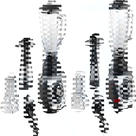 Blender de masa Bosch SilentMixx MMB66G7M, 900 W, Vas sticlă ThermoSafe 2.3 L, Filtru smoothie, Spatulă, 3 programe automate pentru sfărâmare gheață, reglare continuă a vitezei cu indicator LED și funcție Pulse, 20.000 rpm, Negru/Argintiu