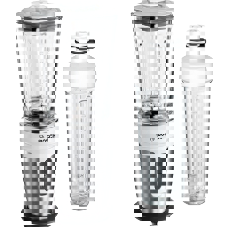 Blender de masa Bosch VitaStyle Mixx2Go MMBM7G2M, 350W, 0.6 l, Vas sticlă ThermoSafe, 2 trepte de viteză, sticlă de 500 ml, alb / inox polisat