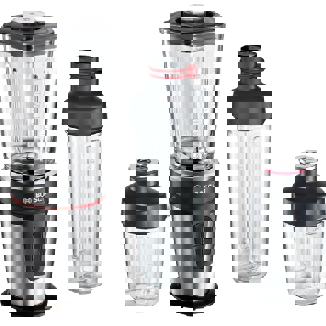 Blender de masa Bosch VitaStyle Mixx2Go MMBM7G3M, 350W, 0.6 l, Vas sticlă ThermoSafe, 2 trepte de viteză, inel LED pentru modul de operare, sticlă de 500 ml & chopper de 200 m, negru / inox polisat
