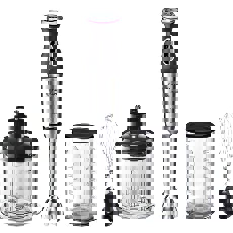 Blender de mana Bosch MS8CM6160, 1000 W, 4 lame inox, 12 viteze, Funcție Turbo, Tocator XL 0,75 L, Tel, Vas gradat 0,6 L, Inox