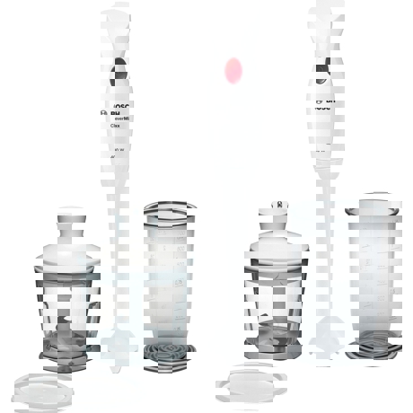 Blender Bosch CleverMixx MSM14200, 400 W, QuattroBlade, 1 viteza, minitocator cu capac, vas gradat, Alb/Rosu