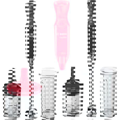 Blender de mana Bosch MSM67120R, 750 W, 4 lame "QuattroBladePro", 12 viteze, buton "Turbo", Tocator XL, Vas gradat, Rosu/argintiu