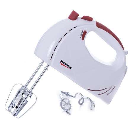 Mixer Albatros MXA200, 200 W, 5 viteze + funcţie Turbo, Buton eject, Palete mixare, Cârlige frământare, Alb/Rosu