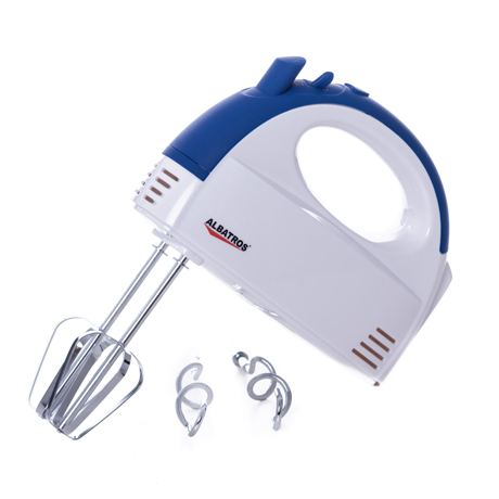 Mixer Albatros MXA210, 200 W, 5 viteze + funcţie Turbo, Buton eject, Palete mixare, Cârlige frământare, Alb/Albastru