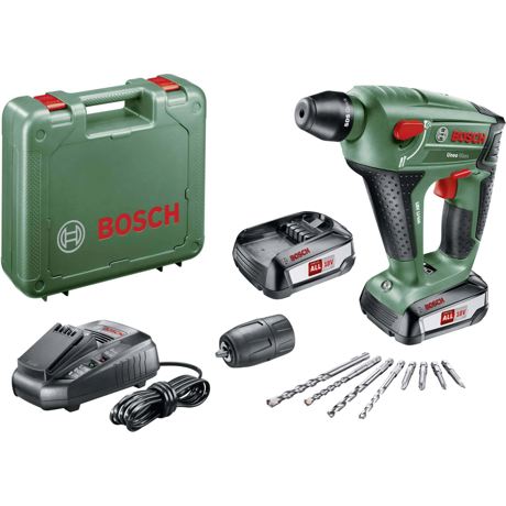 Ciocan rotopercutor Bosch UNEO Maxx 18 Li 0603952327, 18 V, 0.6 J, 900 RPM, 5000 percutii/min., Acumulator, Valiza, Negru/Verde