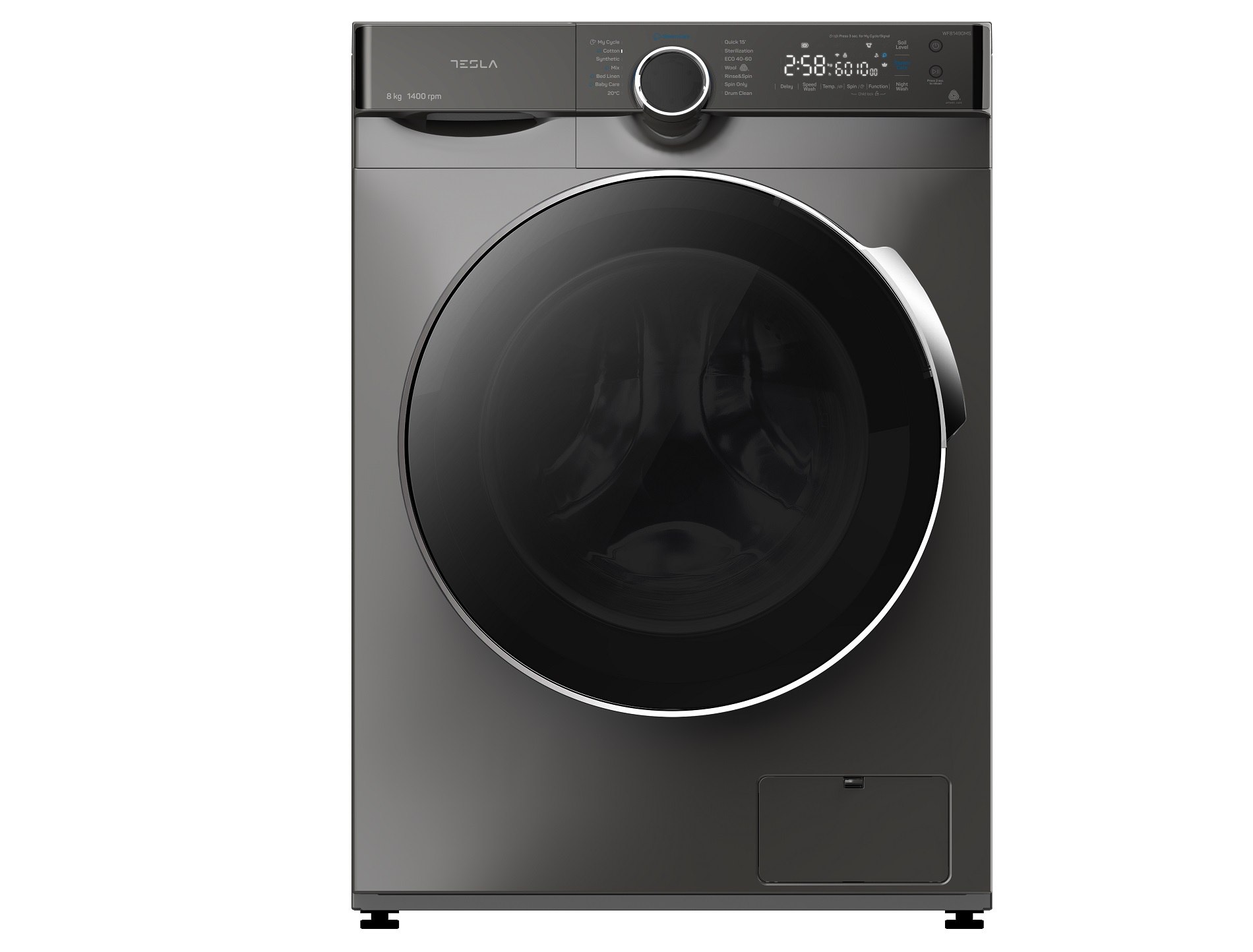 Masina de spalat rufe Tesla WF81490MS, 8 kg, 1400 rpm, 16 programe, Sistem siguranță copii, Display LED, Argintiu