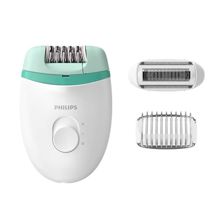 Epilator Philips Satinelle Essential BRE245/00, Compact, Cu fir, 2 viteze, Mâner ergonomic, Cap lavabil, 2 accesorii, Alb/Verde