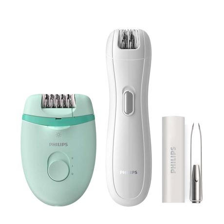 Epilator compact cu fir Philips Satinelle BRP529/00, Opti-light, 2 viteze, Accesoriu mini-epilator, Pensetă, Verde