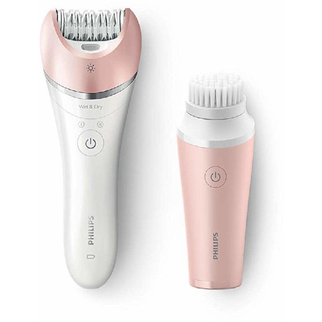 Epilator Philips Satinelle Advanced BRP545/00, Wet&Dry, Discuri ceramice, Opti-light, 2 viteze, Litiu-Ion, Autonomie 40 minute, Accesoriu facial, Alb/Roz