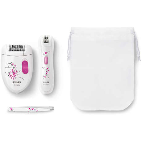 Set epilat Trio Philips Satinelle Essential HP6549/01, Cap 23,5 mm, Mini epilator fara fir 10 mm, Penseta, Husa, Alb/Roz