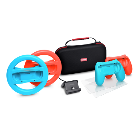 Pachet accesorii Trust pentru conosola Nintendo Switch, pachetul contine: husa de transport, 2 x prinderi Joy-Con, 2 x volan, sticla securizata pentru Switch, sticla securizata pentru Switch OLED, stand de incarcare, cablu USB-C-A, manual de utilizator