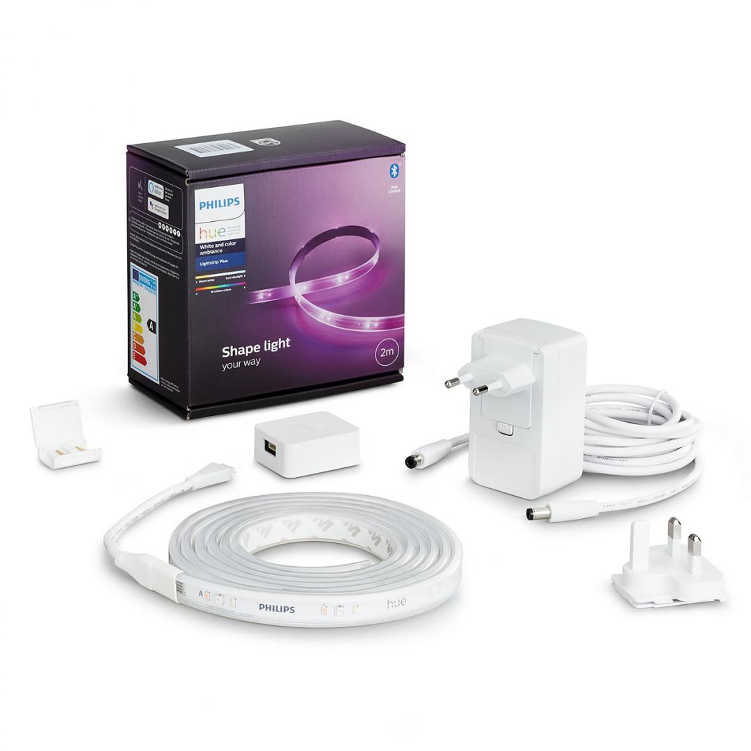 Banda LED RGBW inteligenta Philips Hue Lightstrip Plus, ZigBee Light Link, Bluetooth, 20W, IP20, lumina ambianta alba si color, temperatura reglabila 2000-6500K, 1600 lumeni, durata de viata 25.000 de ore, funcționează cu consola Hue Bridge, lungime banda 2 metri, include 1x adaptor de curent
