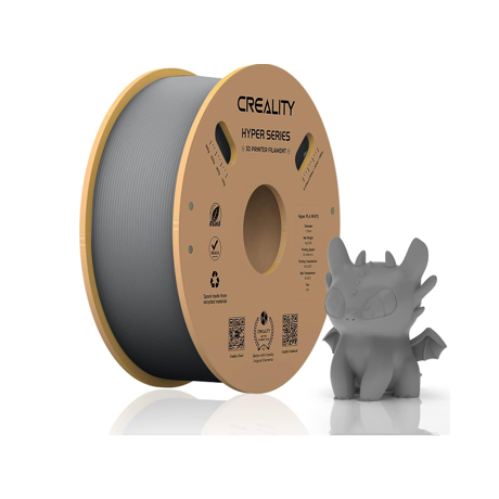 CREALITY HYPER PLA 3D Printer Filament, Grey, Temperatura printare: 200-220 grade celsius, Diametru filament: 1.75mm, Tensile strength: 52.99MPa, Bending strenght:92.38Mpa Dimensiuni rola filament: Diametru 200mm, inaltime 70mm, gaura centrala 56mm, viteza printare: pana la 600mm/s,