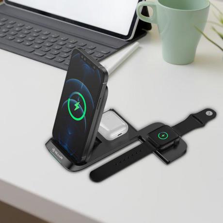 Incarcator wireless birou Tellur 3-in-1 pliabil, 15W, certificat Qi, negru