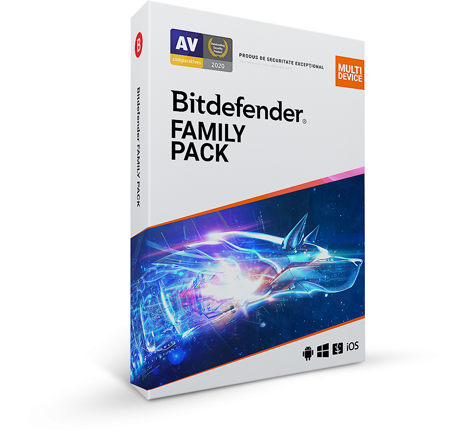 Licenta retail Bitdefender Family Pack - protectie anti-malwarecompleta pentru toata familia, disponibila pentru Windows, macOS, iOS si Android, valabila pentru 1 an, 15 dispozitive, new.