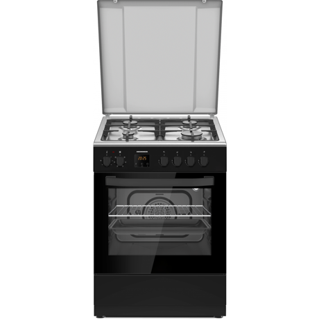 Aragaz mixt Heinner HFSC-S66FDCC-IBK, 4 arzatoare gaz, aprindere electrica, capac metalic, cuptor electric, 6 functii, autocuratare catalictica, timer digital, ventilatie, Negru