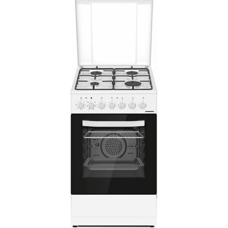 Aragaz mixt Heinner HFSC-S60LITGC-WH, 4 arzatoare plita, aprindere electrica, siguranta, cuptor electric, 7 functii, Timer, Grill, Alb