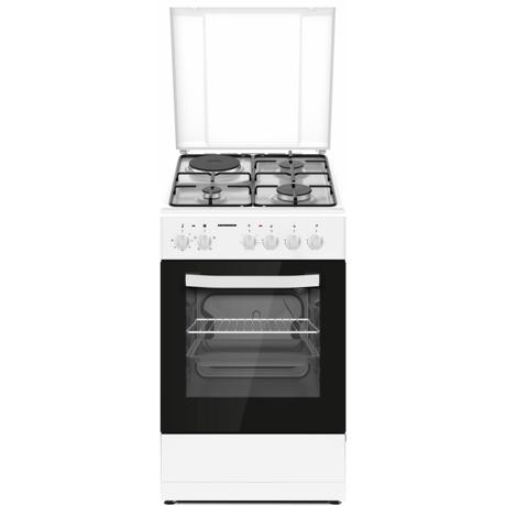 Aragaz mixt Heinner HFSC-S56E1HSWH, 3 arzatoare gaz, 1 plita electrica, cuptor electric, aprindere electrica, 50x60, grill, alb