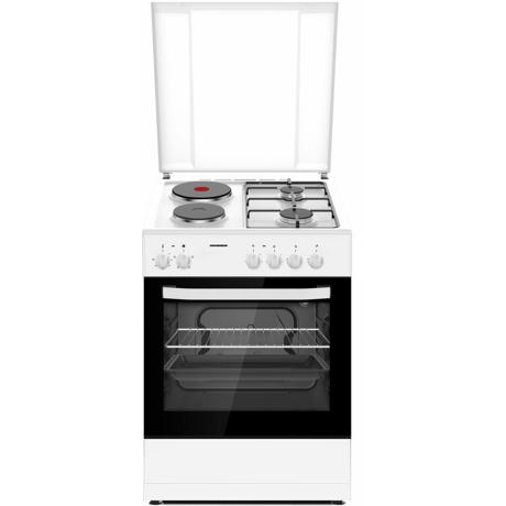 Aragaz mixt Heinner HFSC-S60E2HSWH, 2 arzatoare gaz, 2 plite electrice, 60x60, cuptor electric, aprindere electrica, lumina cuptor, Alb