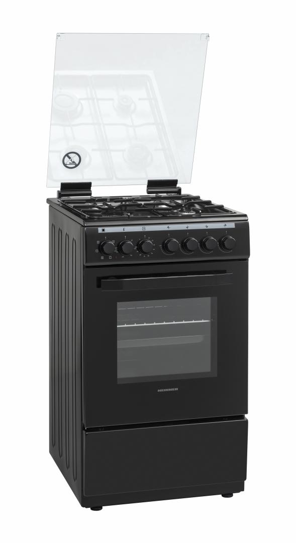 Aragaz mixt Heinner HFSC-V60LITGC-BK, 4 arzatoare, Aprindere electrica, Cuptor electric cu 6 functii, Timer, Grill, Capac sticla, 50x60 cm, Negru