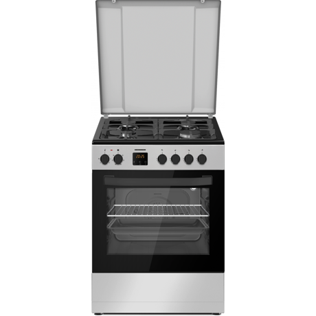 Aragaz mixt Heinner HFSC-S66FDC-BIX, 4 arzatoare gaz, aprindere electrica, gratare fonta, cuptor electric, 6 functii, timer digital, grill, ventilatie, Inox