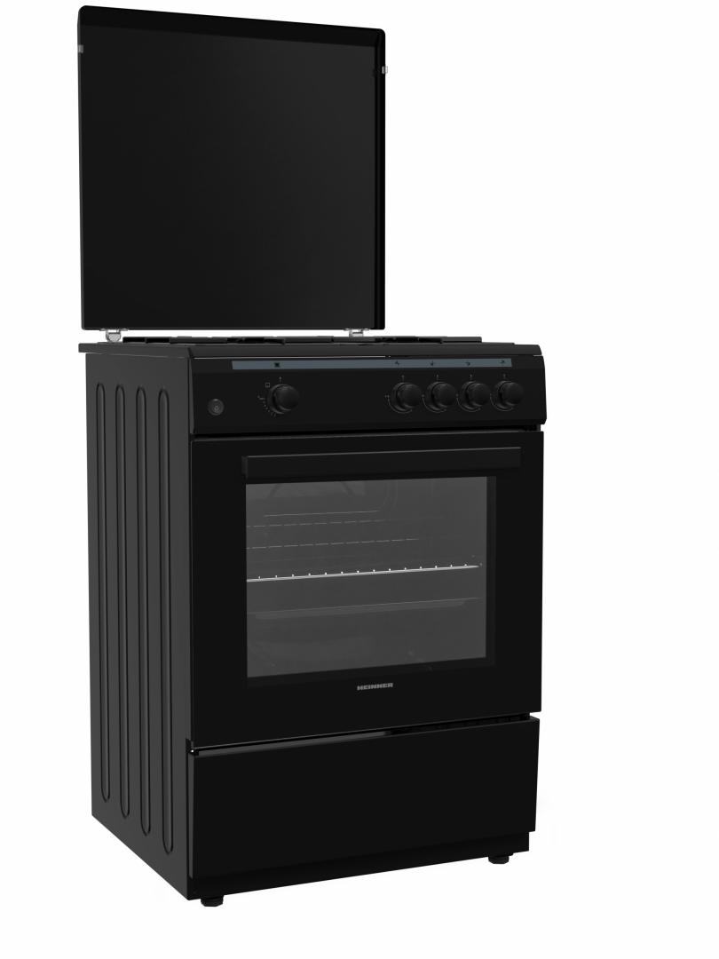 Aragaz Heinner HFSC-V60BK, Gaz, 4 arzatoare, Aprindere electrica plita, Dispozitiv de siguranta plita si cuptor, Capac metalic, 60x60 cm, Negru